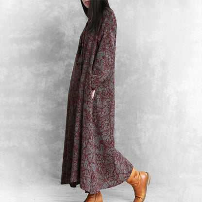 Buykud Retro Plant Printed Casual Loose Dress