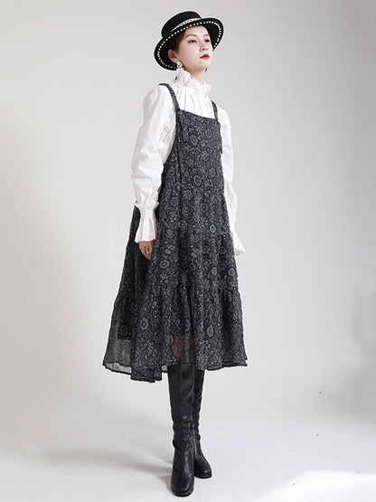 Original Floral Printed Pleated Square-Neck Sleeveless Slip Dress