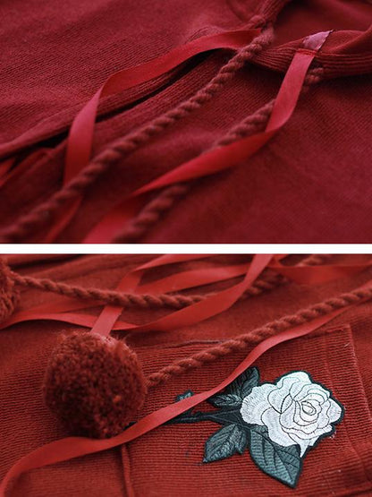 Loose Burgundy Vintage Pompom Triming Wind Coat Outwear