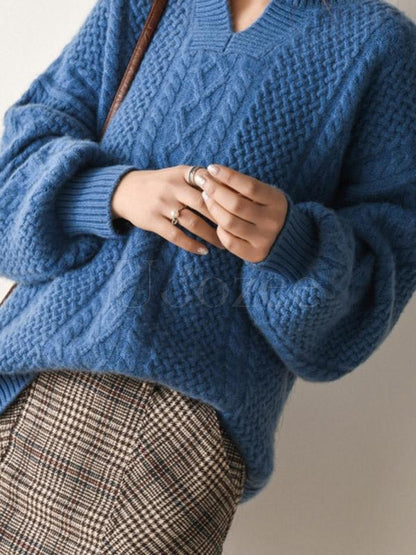 Vintage Loose V-neck Lantern Sleeves Sweater
