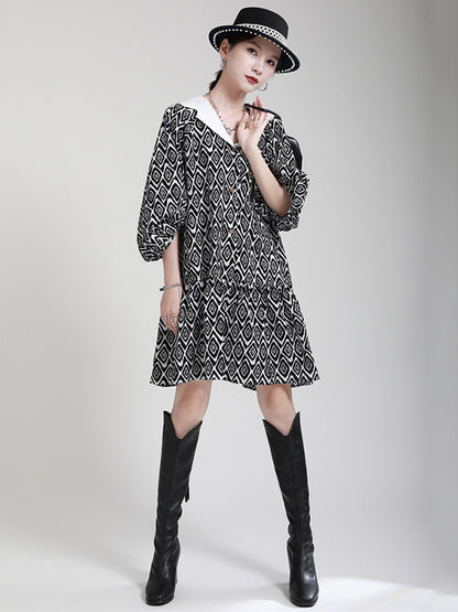 Stylish Printed Buttoned Pleated Falbala Lapel Collar Bishop Sleeves Mini Dress