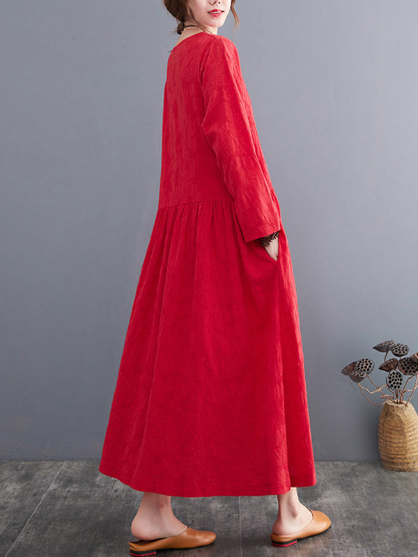 Casual Simple Solid Color Pleated Round-Neck Long Sleeves Midi Dress