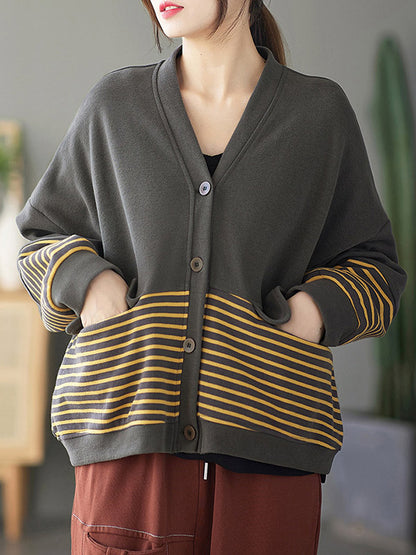Casual Striped Buttoned V-Neck Batwing Sleeve Outerwear
