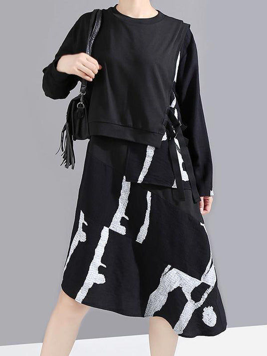 Round-Neck False Two Dress Asymmetric Long Sleeve Printed Dress With Bandage