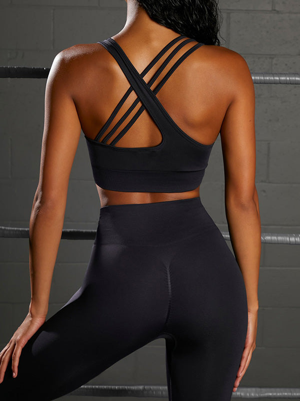 Solid Bra & High-Waist Hip-Lifting Leggings Sports Fitness Suit