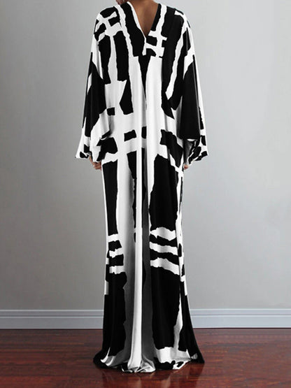 Original Casual Printed Color-Block V-Neck Batwing Sleeves Maxi Dress