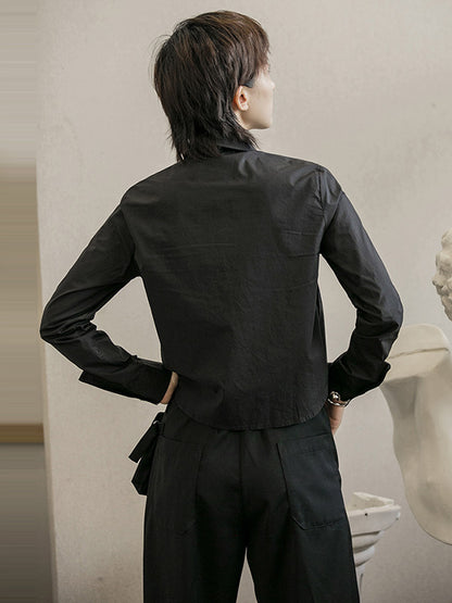 Urban Asymmetric Solid Color Buttoned Lapel Long Sleeves Blouse Tops