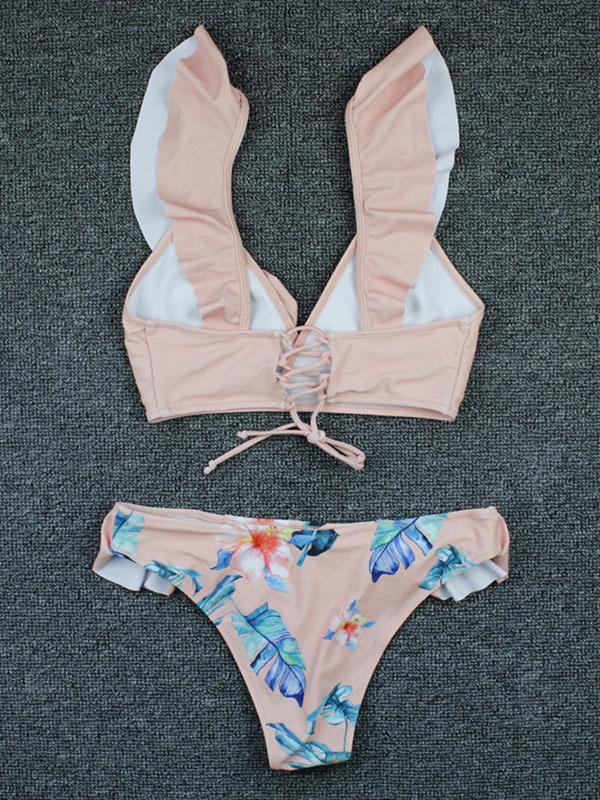 Falbala Print Split Bikini Swimsuit