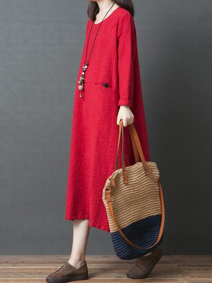 Red&Black Loose Round-neck Ramie Cotton Linen Dress