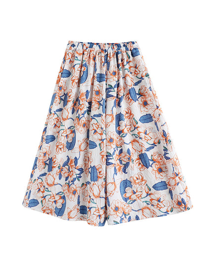 Loose Artistic Retro Floral Printed T-Shirt Top&Wide Legs Pants 2 Pieces Set