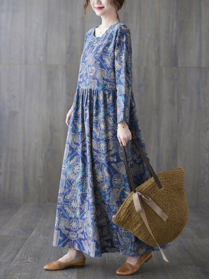 Vintage Ramie Cotton Floral Printed Round-Neck Long Sleeves Maxi Dress