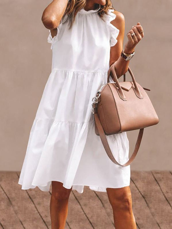 Stylish Solid Color Falbala Sleeveless Stand Collar Midi Dress