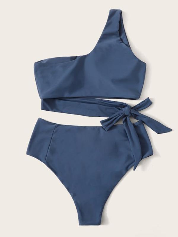 Solid Color Asymmetric Split Bikini Swimsuit