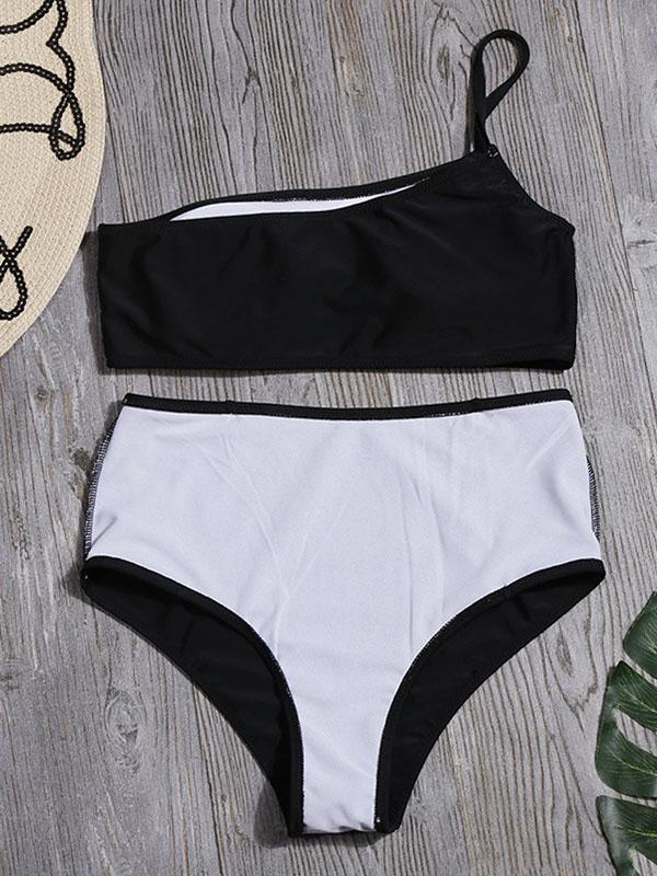 One-Shoulder Solid Color Split Bikini Swimsuit