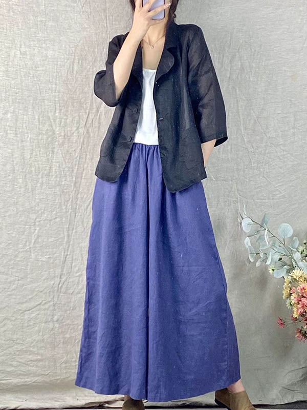 Artistic Retro Ramie Cotton Solid Color Split-Joint With Pocket Buttoned Notched Collar Long Sleeves Blazer Outwear