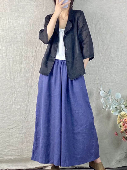 Artistic Retro Ramie Cotton Solid Color Split-Joint With Pocket Buttoned Notched Collar Long Sleeves Blazer Outwear