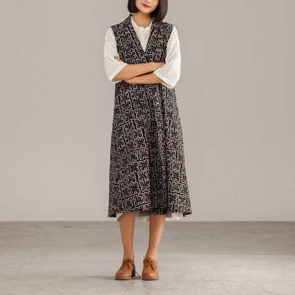 Black Cotton Geometric Cardigan Sleeveless Coat