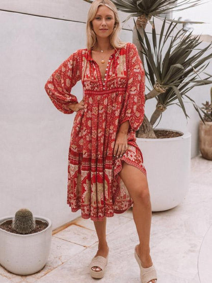 Printed Long Sleeves Lace-up Midi Dress