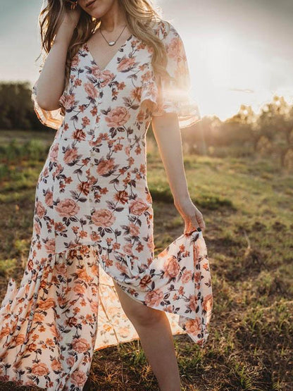 Floral Falbala Sleeves Maxi Dress