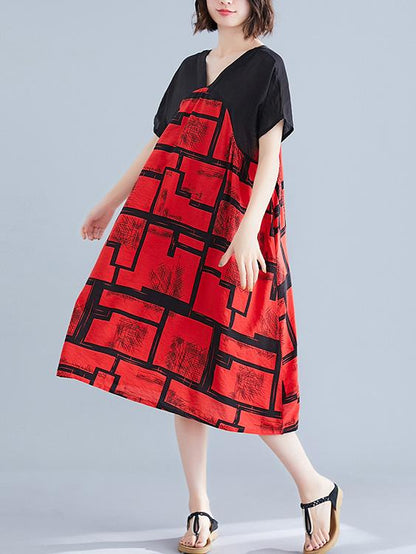 Cotton Linen Printed  V-neck Dress