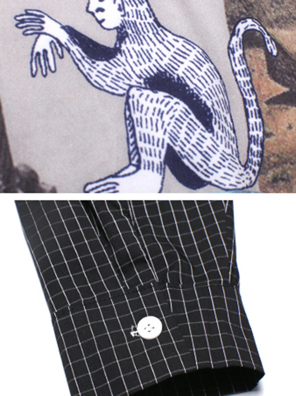 Stylish Cartoon Printed Plaid Split-Joint Lapel Collar Long Sleeves Blouse
