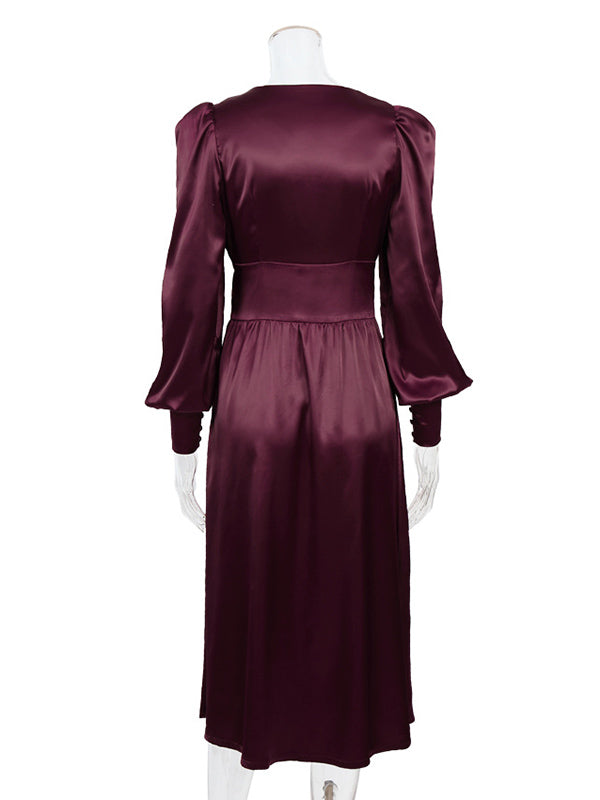 Urban Buttoned Split-Front High Waisted Puff Sleeve A-Line Midi Dress