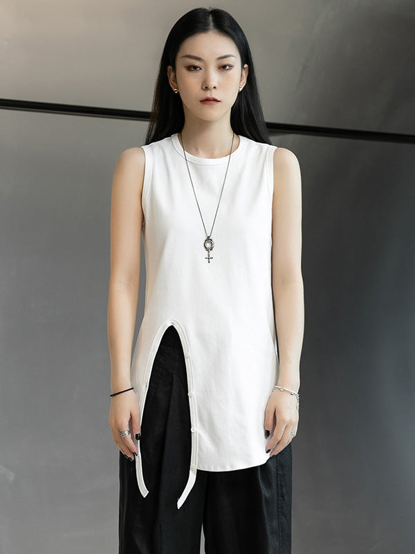 Simple Black&White Split-Side Sleeveless Round-Neck Vest