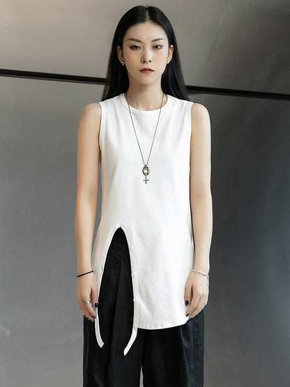 Simple Black&White Split-Side Sleeveless Round-Neck Vest