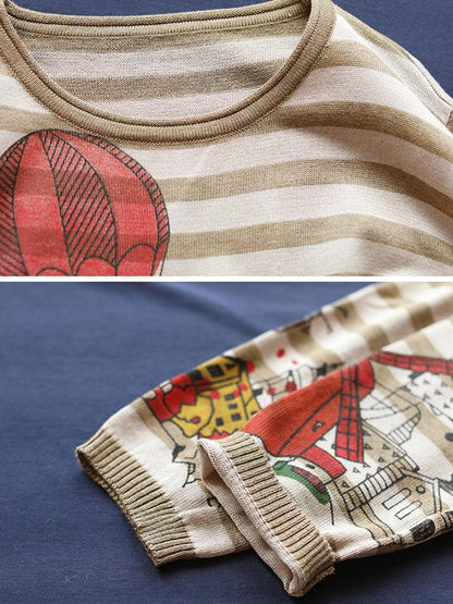 Buykud Stripes Cartoon Pullover Casual Knitted Shirt