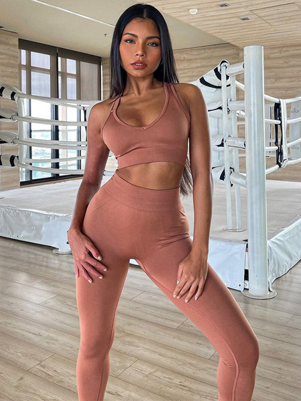 Solid Bra & High-Waist Hip-Lifting Leggings Sports Fitness Suit