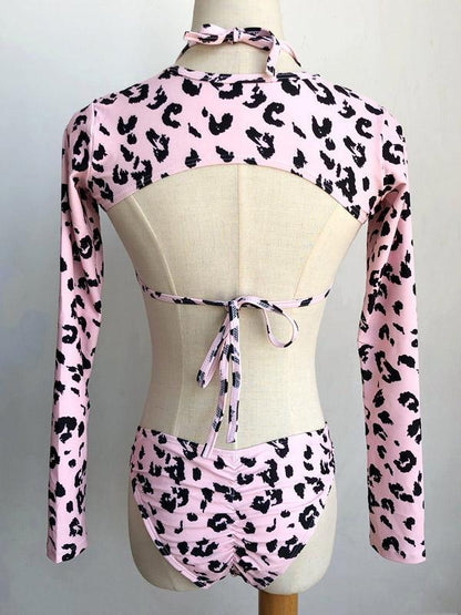 Leopard Long Sleeves Three Pieces Bikinis Swimwear