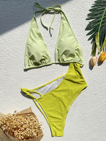 Color-Block Tie-Dyed Hollow One-Piece Swimwear