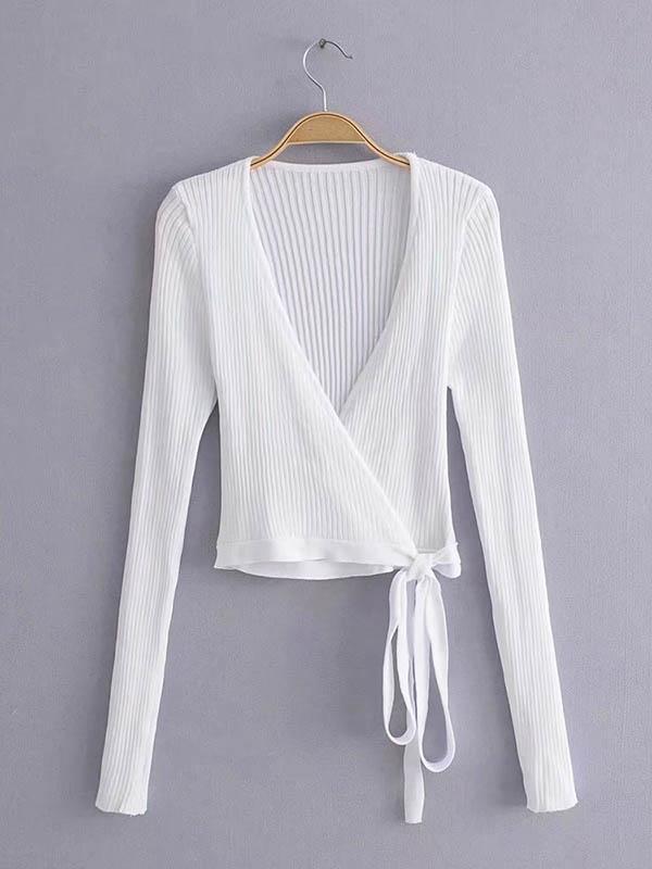 Solid Wrap V-Neck Sweater Tops