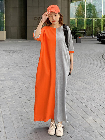 Casual Color Matching Round-Neck Long Sleeves Maxi Dress