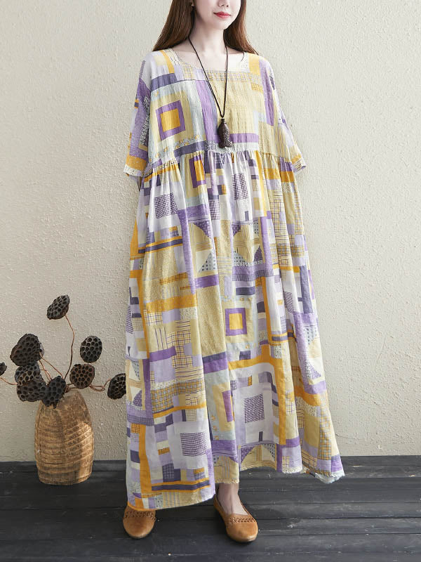 Artistic Retro Ramie Cotton Color-Block Pleated Round-Neck Half Sleeves Midi Dress