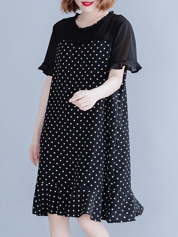 Chiffon Oversize Mermaid Polka-Dot Falbala Dress
