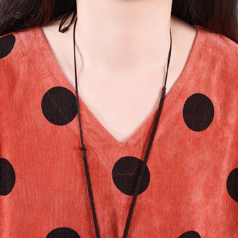 Buykud Autumn V-Neck Polka Dots Elegant Loose Dress