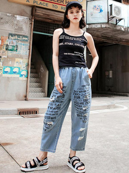 Printed Shredded Jean Straight Leg Pants