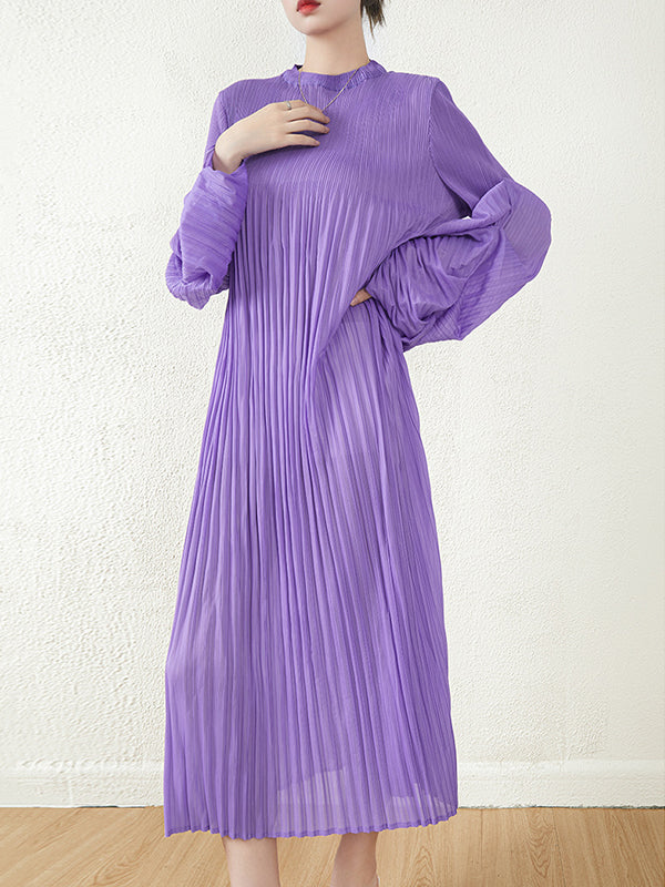 Loose Long Pile Sleeves Pleated Solid Color Round-Neck Midi Dresses