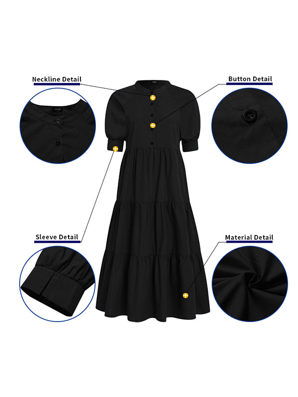 Original Solid Color Split-Joint Pleated Buttoned Stand Collar Half Puff Sleeves Midi Dress