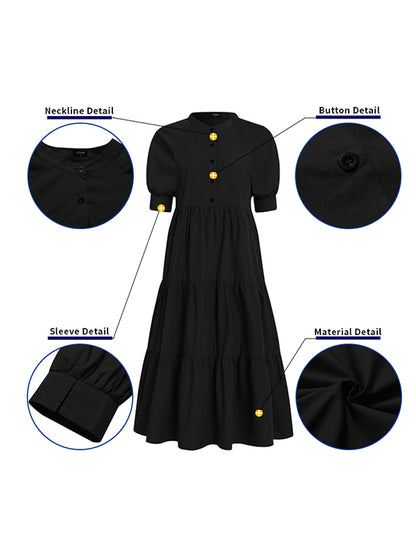 Original Solid Color Split-Joint Pleated Buttoned Stand Collar Half Puff Sleeves Midi Dress