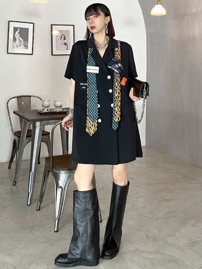 Stylish Buttoned Tie Split-Joint With Pocket Applique Notched Collar Short Sleeves Mini Shirt Dress