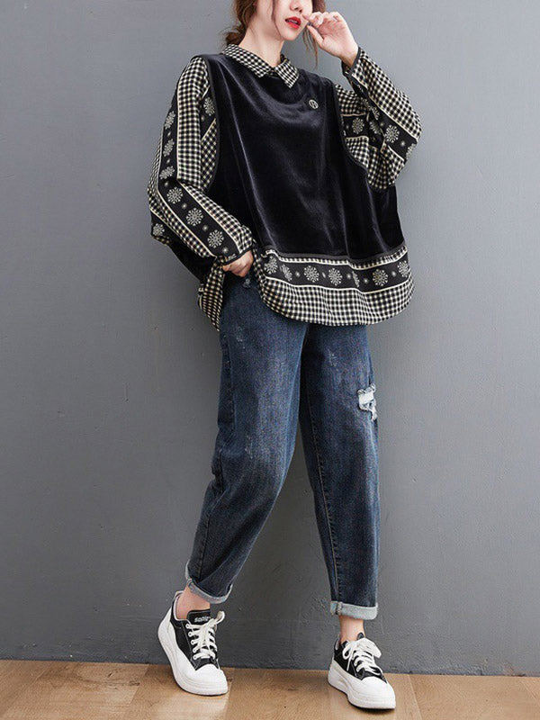 Casual Loose Plaid Floral Printed Lapel Collar Long Sleeves False Two Blouse