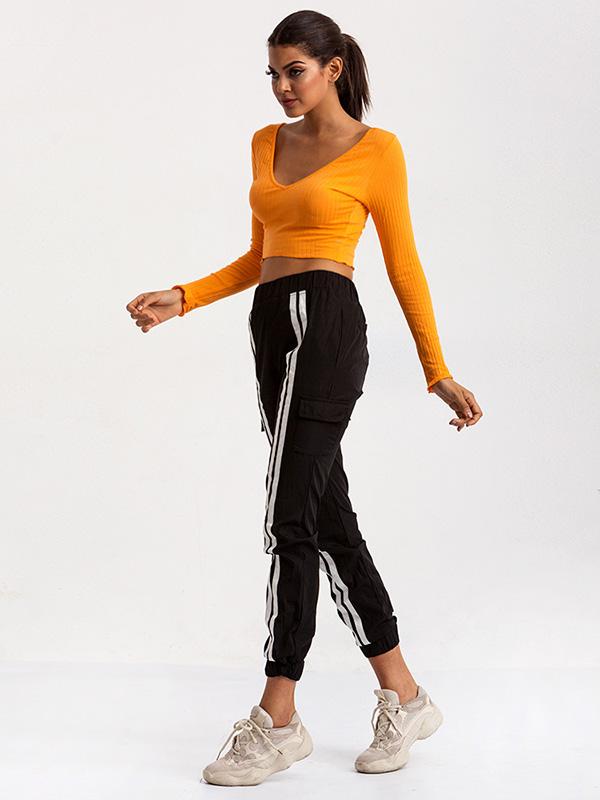 Solid Bare Midriff Off-the-shoulder Tee