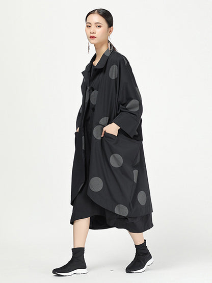 Vintage Polka-Dot Lapel Buttoned Loose Batwing Sleeve Outerwear
