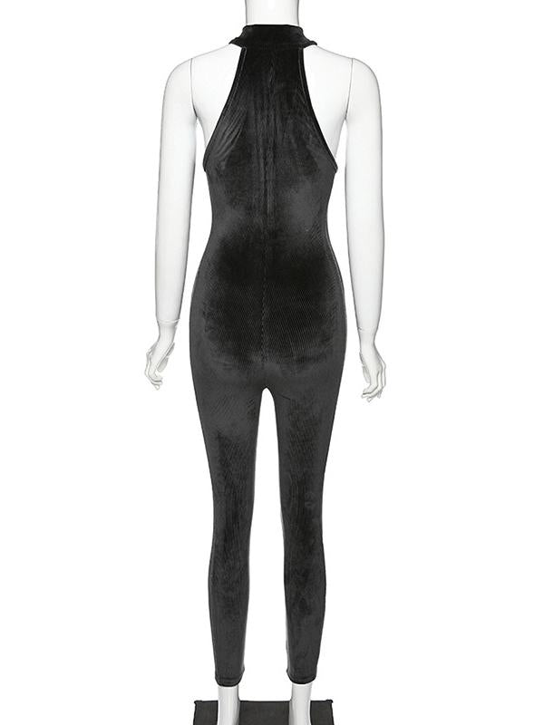 Solid Halterneck Zipper Yoga Jumpsuits