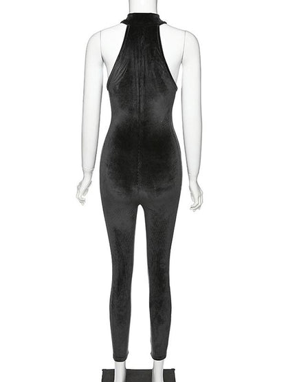 Solid Halterneck Zipper Yoga Jumpsuits