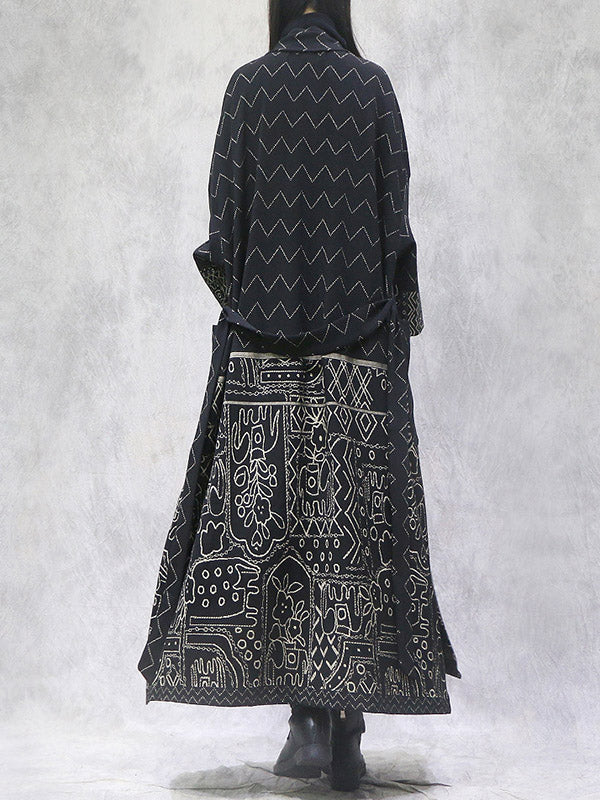 Artistic Retro Loose National Printed Tied Lapel Collar Raglan Sleeves Outwear