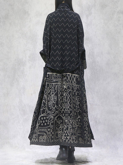 Artistic Retro Loose National Printed Tied Lapel Collar Raglan Sleeves Outwear