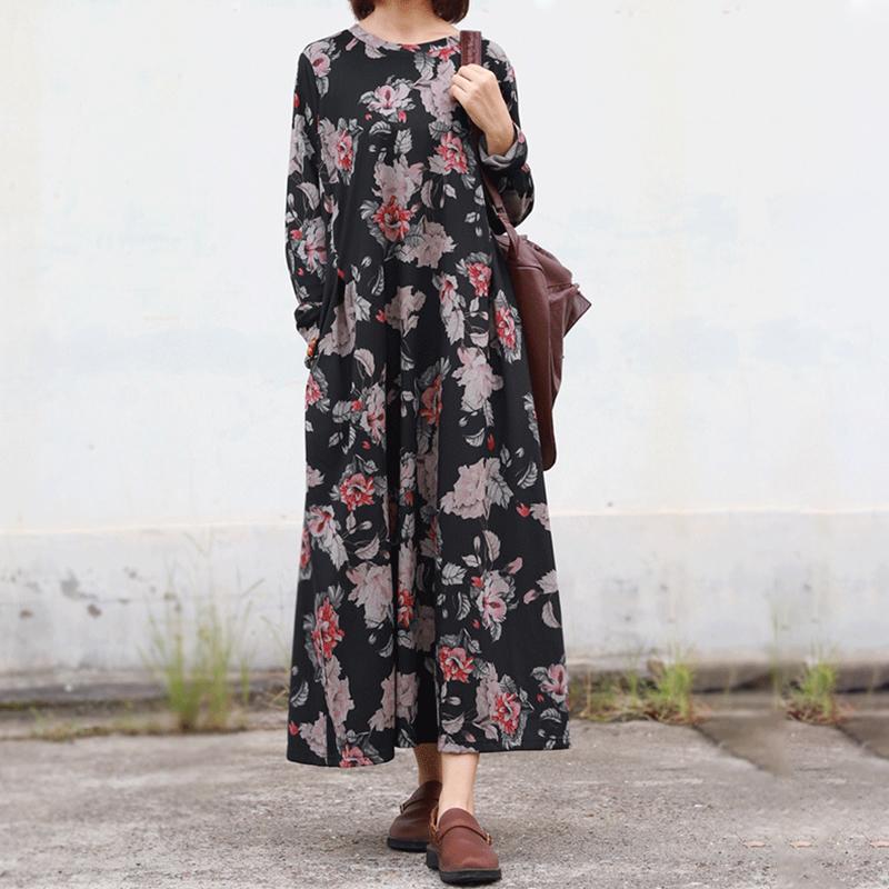 Buykud Retro Beautiful Flower Print Casual Loose Dress